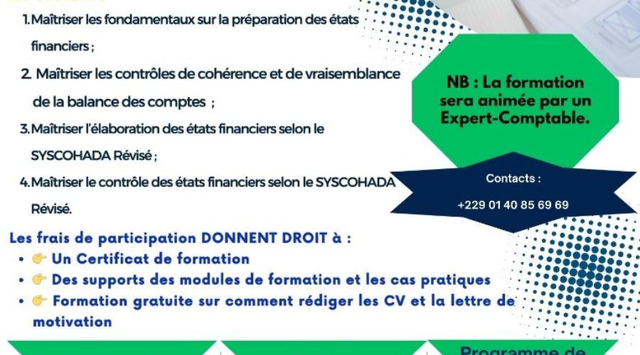 Le Cabinet MEA CONSEIL SARL organise la<br>Formation sur l’Elaboration des Etats financiers selon le SYSCOHADA Révisé