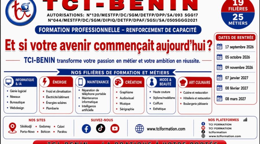 🎓 TCI-BENIN ouvre ses portes : 19 filières, 25 métiers, une formation pour CHAQUE profil
